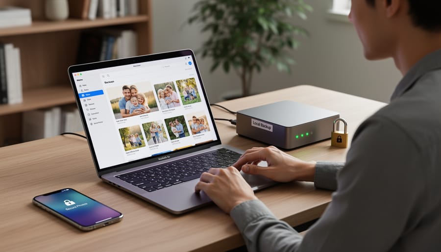 Photographer securing a laptop and external drive on a desk to suggest privacy and data control.