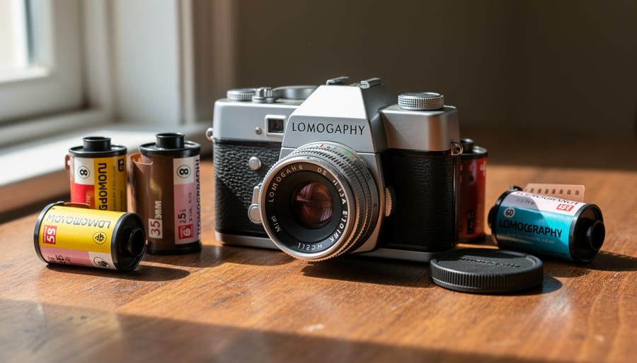 Panoramic Lomography camera and 35mm film roll laid out on a wooden table in soft natural light