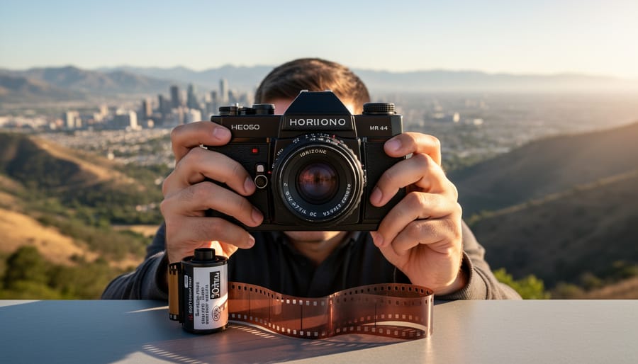 Photographer holding a Lomography-style panoramic camera with 35mm film canister while framing a sweeping landscape in warm golden hour light.