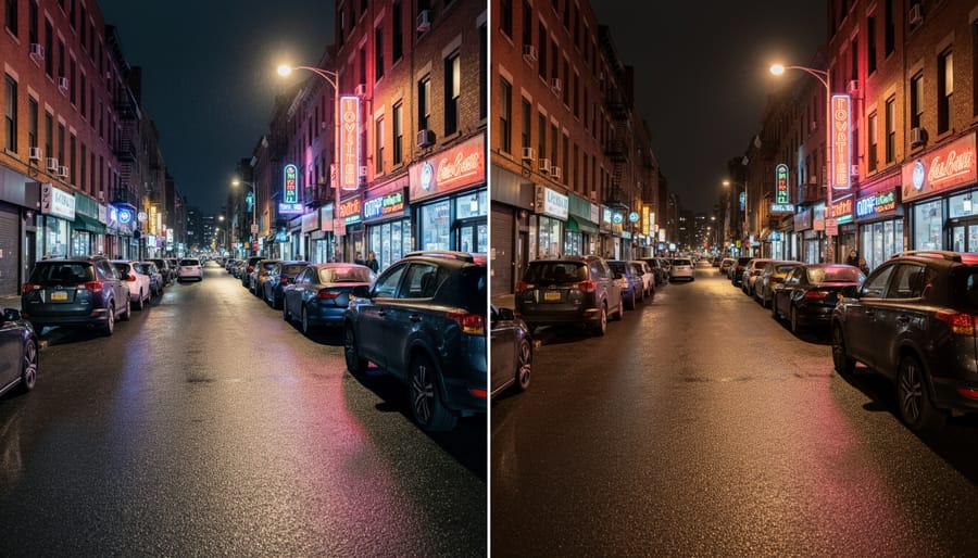Photographer’s camera on a tripod aimed at neon-lit buildings at night