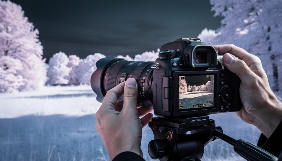 A photographer adjusting the focus ring on an infrared video camera in a sunlit outdoor scene