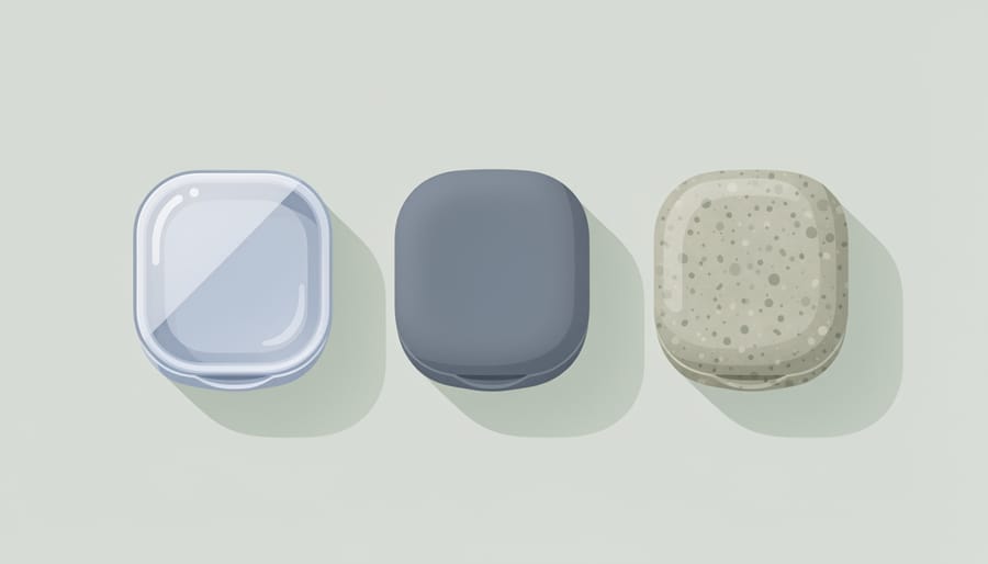 Close-up comparison of silicone-like and recycled-plastic-like textures shaped like contact lens case materials.