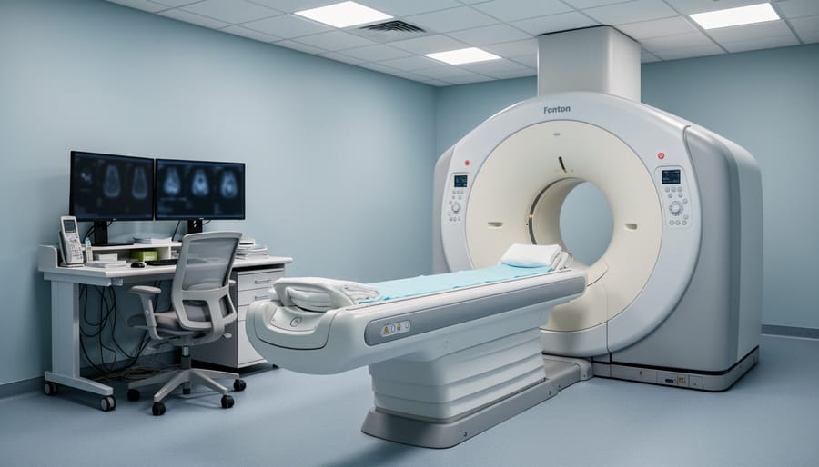 Medical imaging suite with diagnostic imaging equipment and a clinician using a tablet in a clean, modern hospital room.