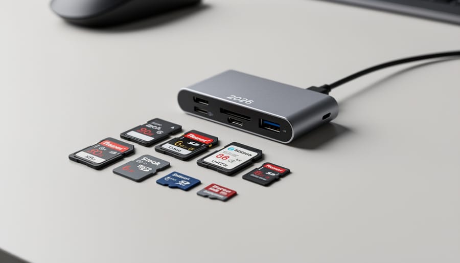 Close-up still life of memory cards and a card reader on a clean tabletop.