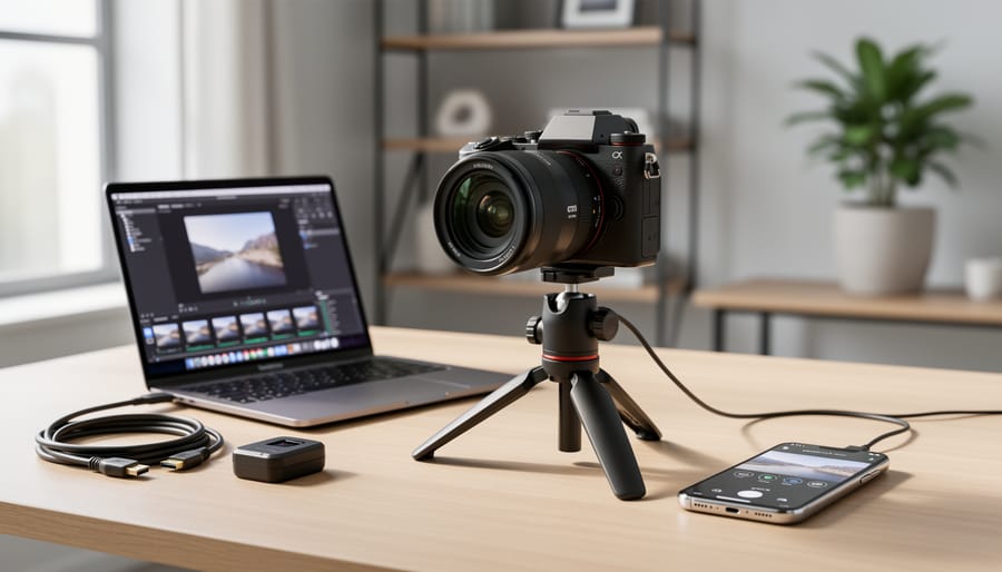 Mirrorless digital camera and smartphone on a wooden desk in soft natural light