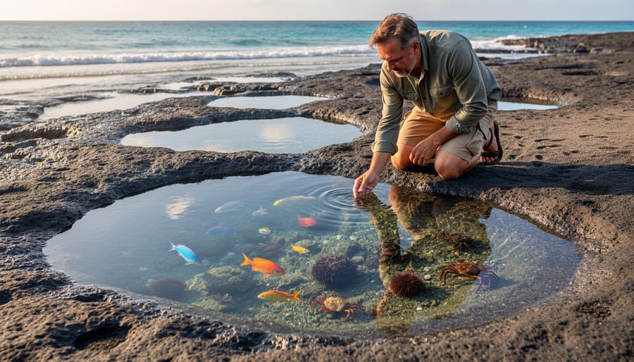 Photographer crouching beside Namalu Bay scattered tide pools with visible marine life on wet volcanic rock
