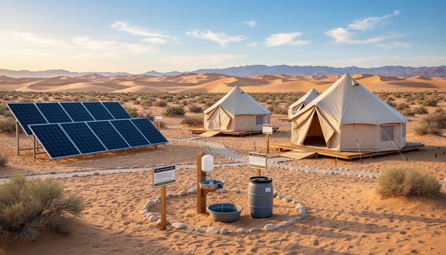 Solar-powered camp setup with tents in a sandy Namib Desert landscape.
