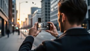 Photographer using a flagship smartphone with long periscope zoom to capture distant subjects in a city during golden hour.