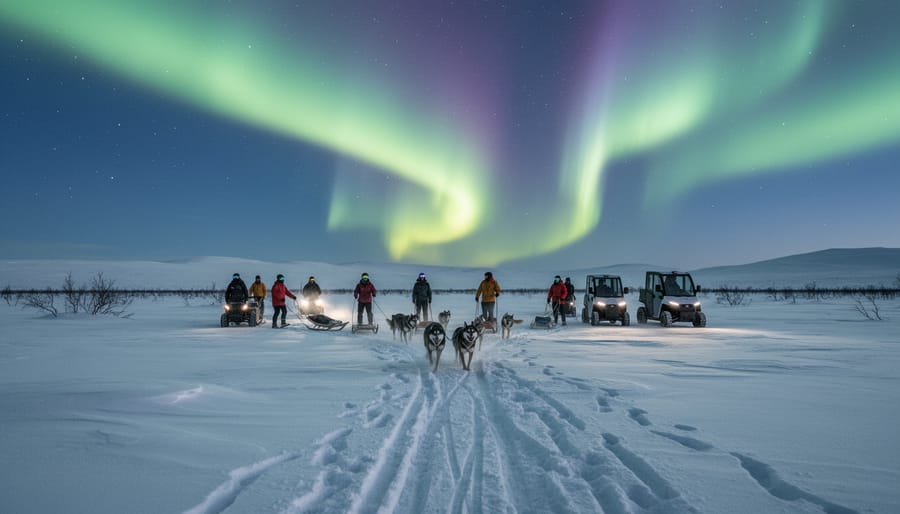 People near a compact electric vehicle with aurora lights over a snow-covered tundra landscape.