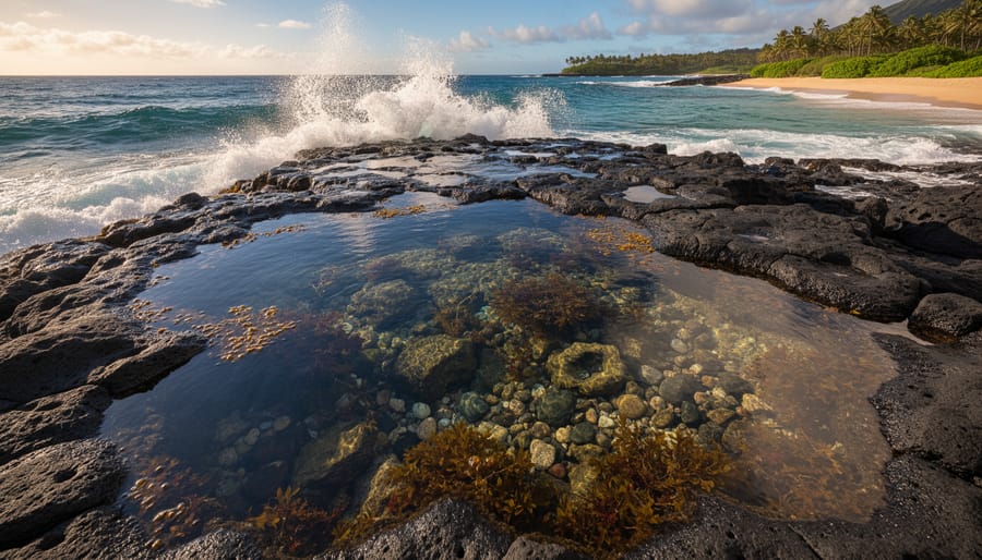 Dramatic view of tide pools on Oneloa Bay volcanic shelf with black lava textures and ocean wave spray