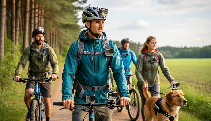 Two people mounting compact wearable cameras on jacket and helmet outdoors during golden hour