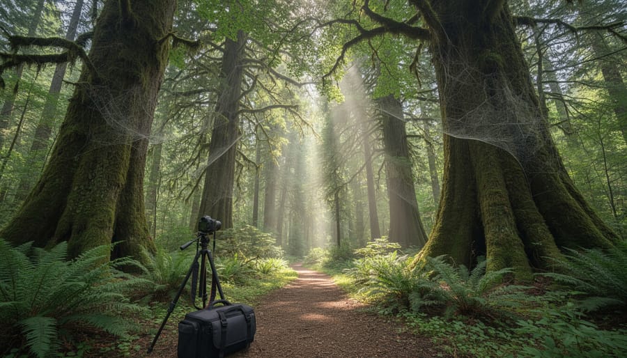 Ground-level view of a photographer capturing sunbeams through an old-growth temperate rainforest with ferns.