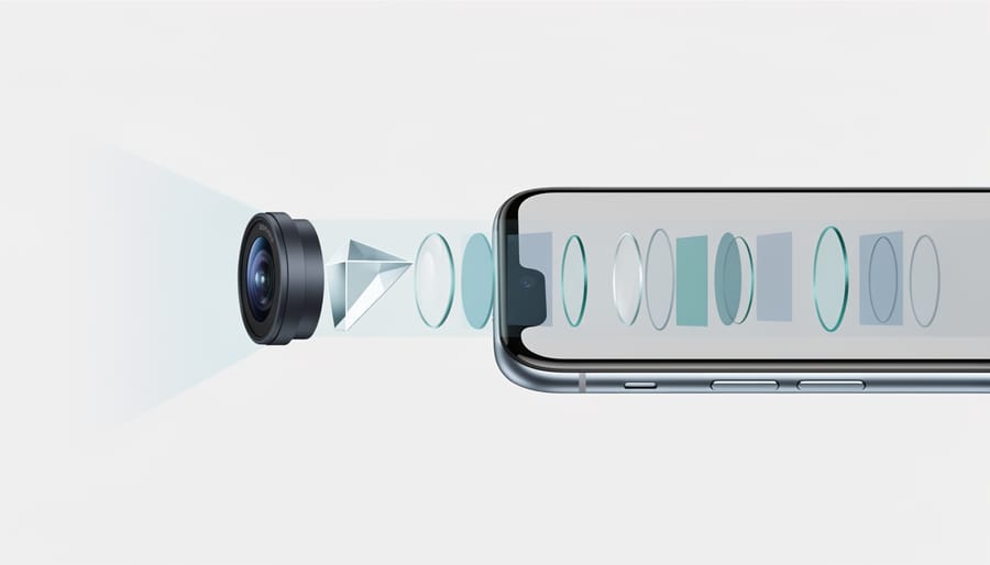 Close-up of a metallic periscope-style smartphone lens housing on a dark tabletop