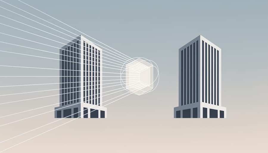 Low-angle view of city buildings with strong vertical lines and golden hour lighting