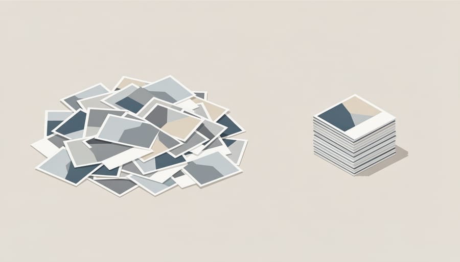 Desktop workspace showing a messy pile of out-of-focus photos next to a cleaner stack of selected images