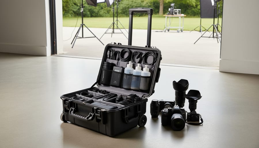 Photographer placing an eco-friendly contact lens case into a camera backpack organizer pouch.