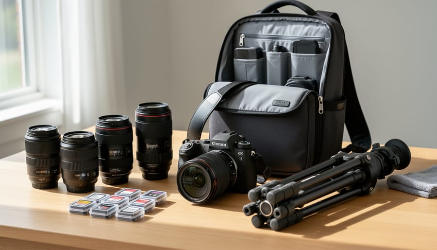 Hands packing essential photography gear into a camera bag, including memory cards and a compact tripod.