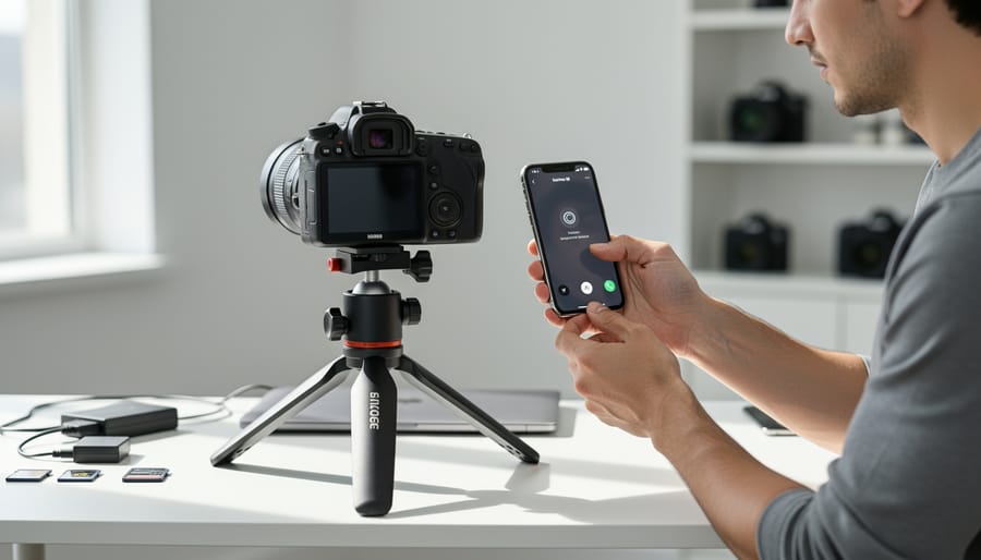 Photographer holding a smartphone next to a camera setup