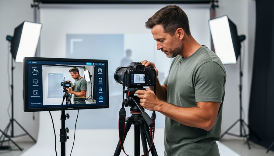 Photographer reviewing camera gear setup near a laptop with soft daylight