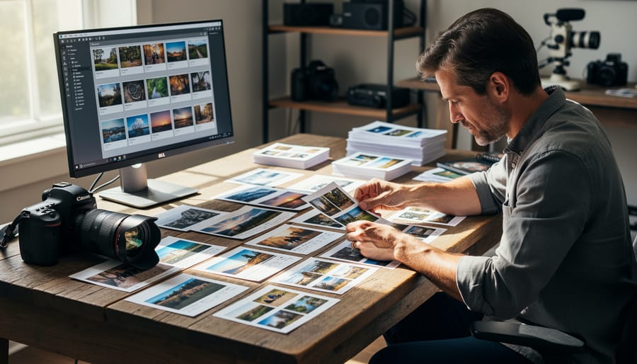 Photographer’s hands sorting and organizing printed photos on a desk with camera gear in the background.