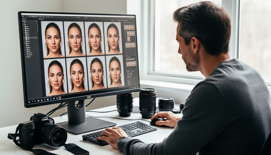 Close-up of a portrait shoot setup with selected glossy portrait prints laid on a table near the camera