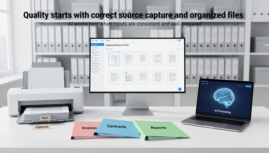 Hands holding a memory card next to a color checker beside a laptop with blurred product images