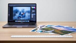 A laptop showing an image beside printed photos and a measuring ruler to illustrate choosing the correct print size from pixel resolution.