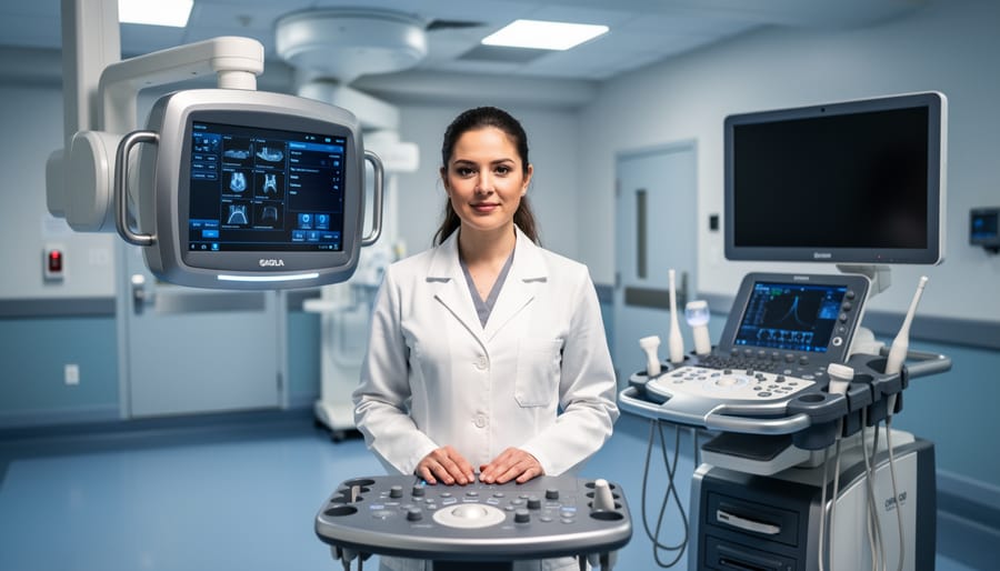Female medical imaging sales specialist standing in a hospital imaging suite next to X-ray and ultrasound equipment under soft overhead lighting.