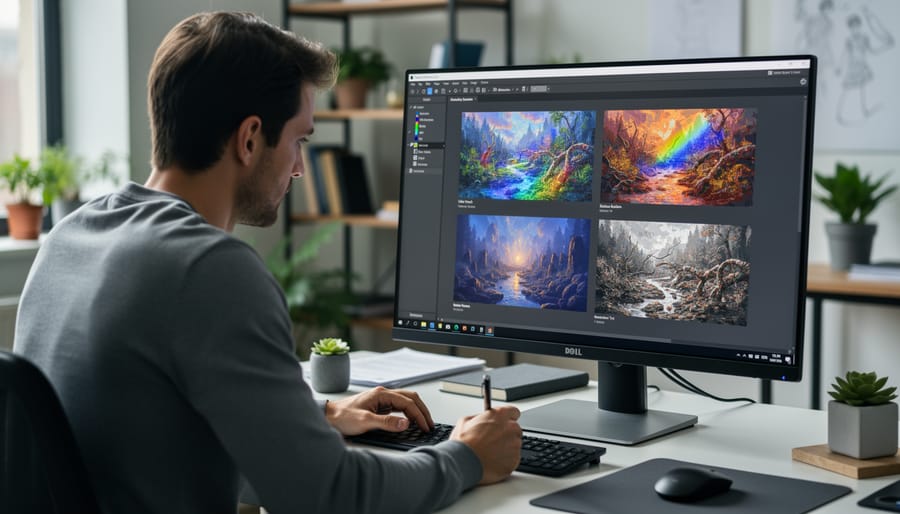 Photographer inspecting a printed product image with a magnifying glass beside a monitor with blurred thumbnails