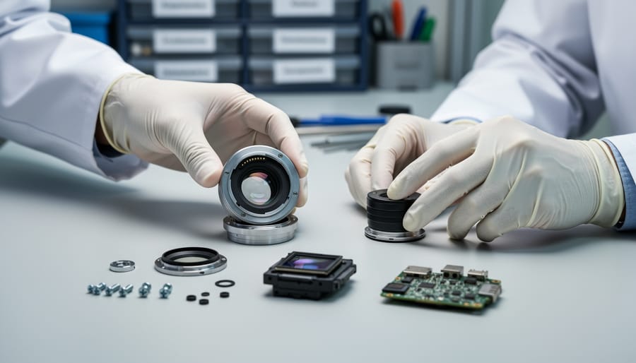 Gloved hand holding a small sealed electronic camera component with recycling bins blurred in the background