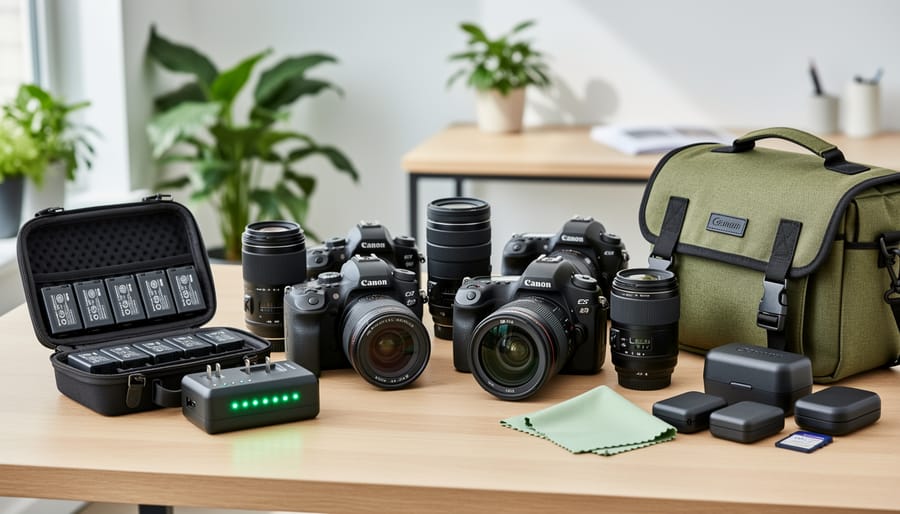 Close-up of a photographer’s hands arranging a secondhand camera and rechargeable battery next to sustainable accessories.