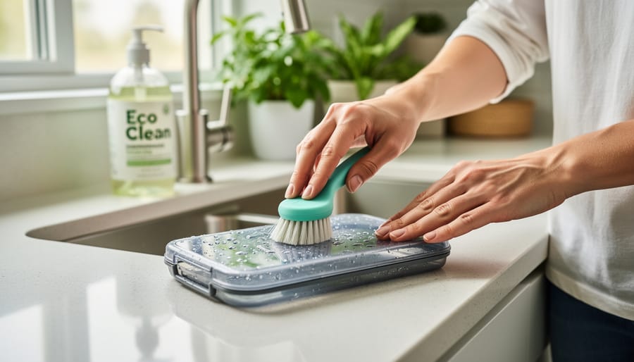 Water rinsing an open reusable contact lens case at a sink with droplets visible.
