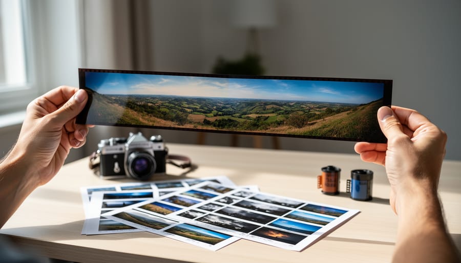 Hands examining a panoramic film strip on a desk with a loupe under soft studio lighting