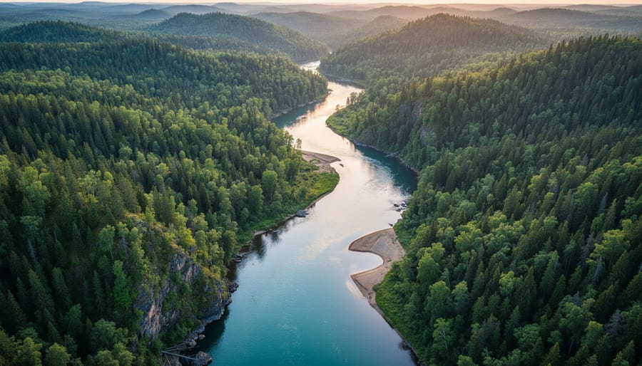 Drone bird’s-eye view of a winding river through dense green forest in golden hour light