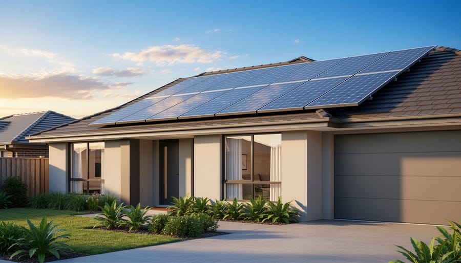 Oblique view of rooftop solar panels with a person in the background under golden hour lighting.