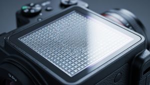 Macro view of a camera sensor surface with tiny pixel-like light receptors under soft studio lighting, with a blurred camera lens and body in the background.