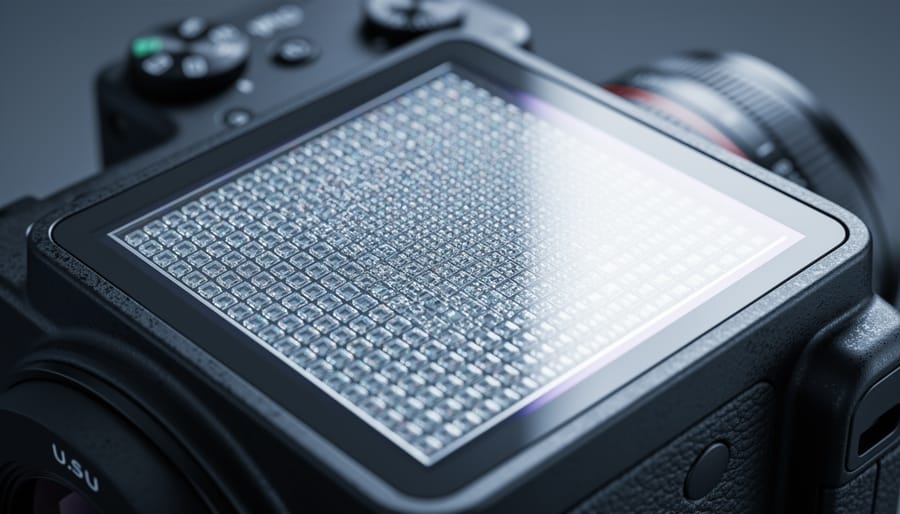 Macro view of a camera sensor surface with tiny pixel-like light receptors under soft studio lighting, with a blurred camera lens and body in the background.