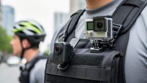 “Thumb-sized wearable body camera clipped to clothing and a compact action camera mounted on a chest harness in an outdoor setting”