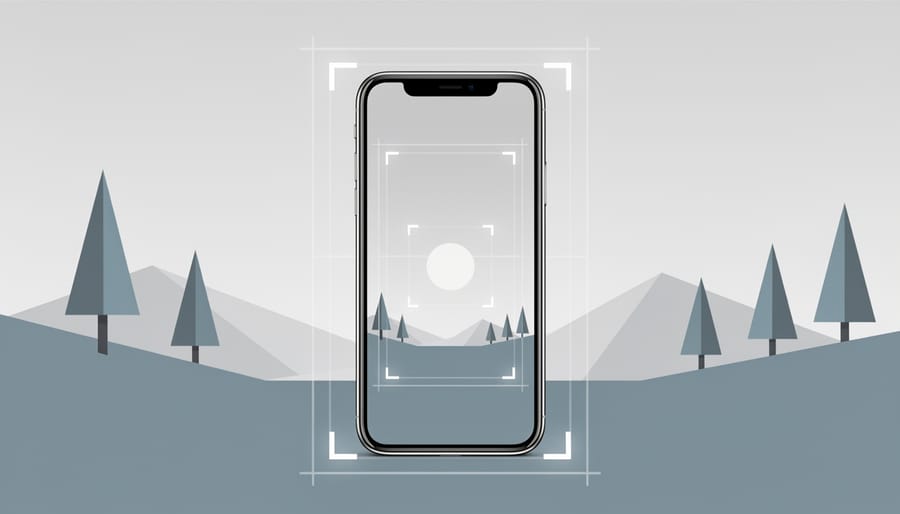 Hand holding a smartphone to frame an outdoor landscape scene