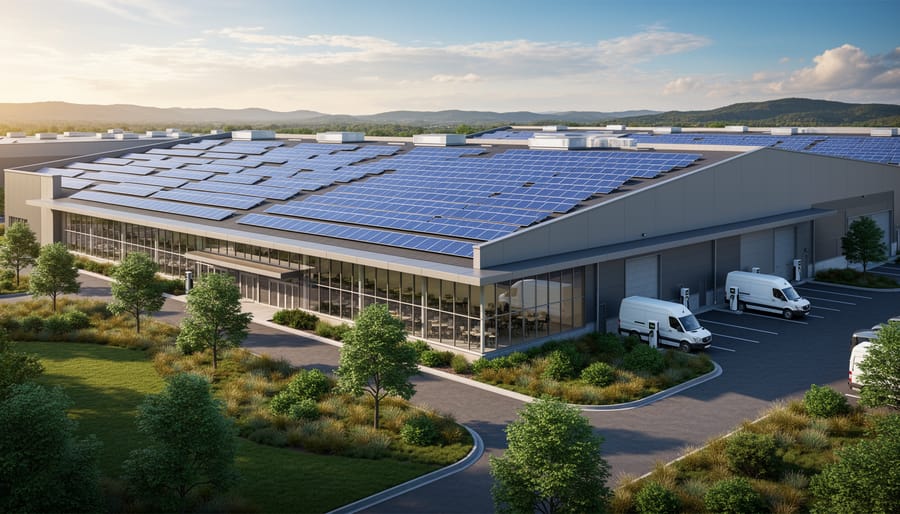 Modern factory building with solar panels on the roof during golden hour