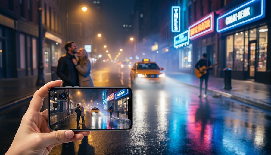 Street photographer holding a smartphone on a small gimbal under warm night market lighting
