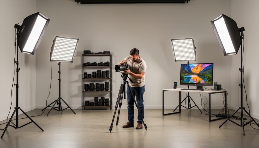 Photographer adjusting a modern LED softbox in a professional studio with other lighting gear in the background