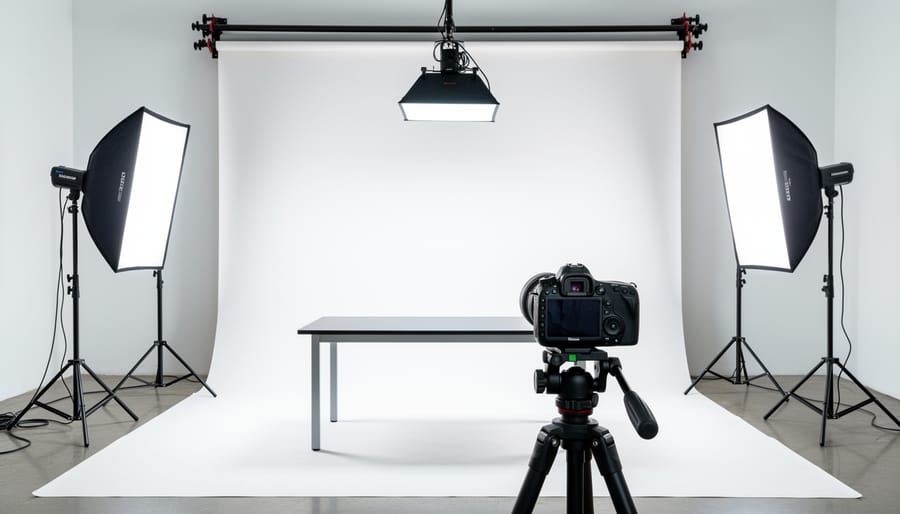 Ceramic watch placed on a white seamless backdrop in a studio with softbox lighting and a reflector