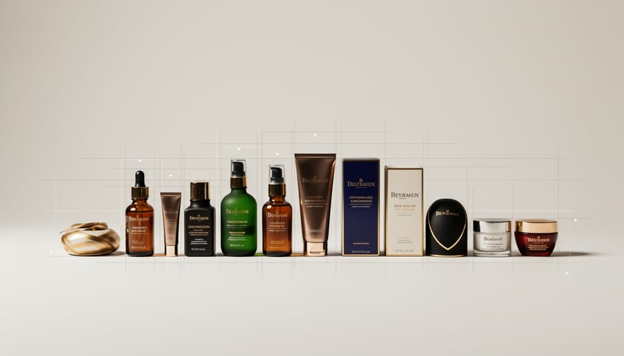 Studio product photography scene with a glass bottle and ceramics on a matte surface