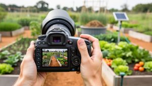 A photographer holding a camera while capturing a community garden scene with raised beds and a compost bin, shown in soft natural light.