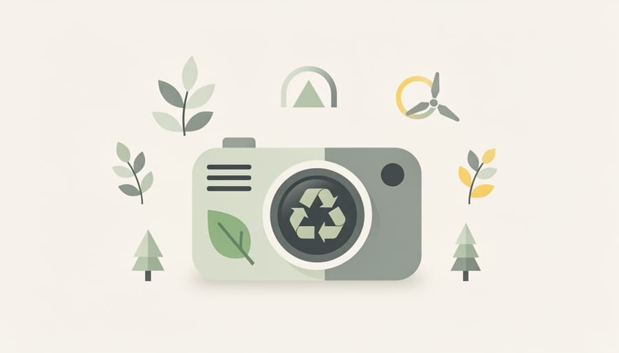 Camera gear placed on fallen leaves with recycled-looking protective materials