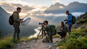 Small group of photographers on a natural trail at sunrise, using a tripod and cameras to capture a misty mountain valley while practicing sustainable workshop habits.