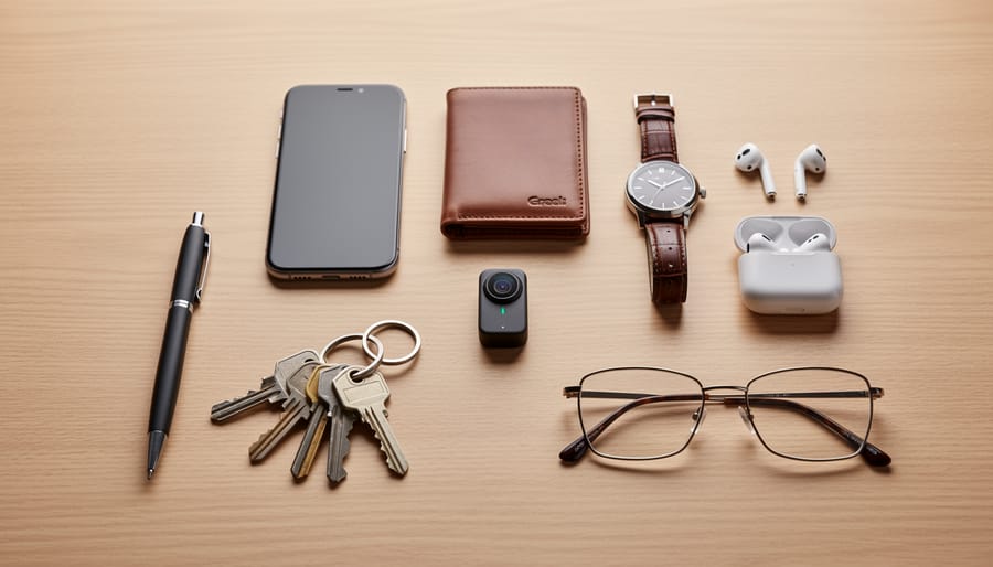 Small thumb-sized wearable camera placed next to a smartphone and keys on a wooden desk