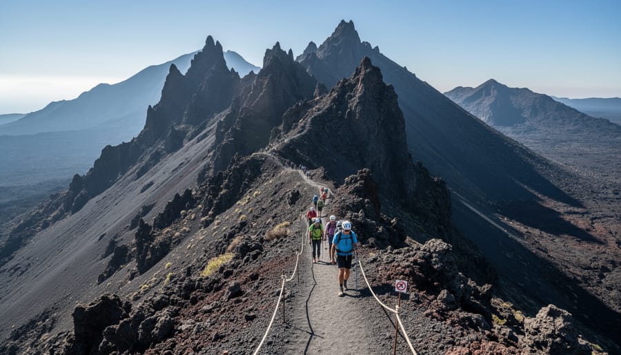 Guided group standing on a path with volcanic peaks and geothermal steam at sunrise.