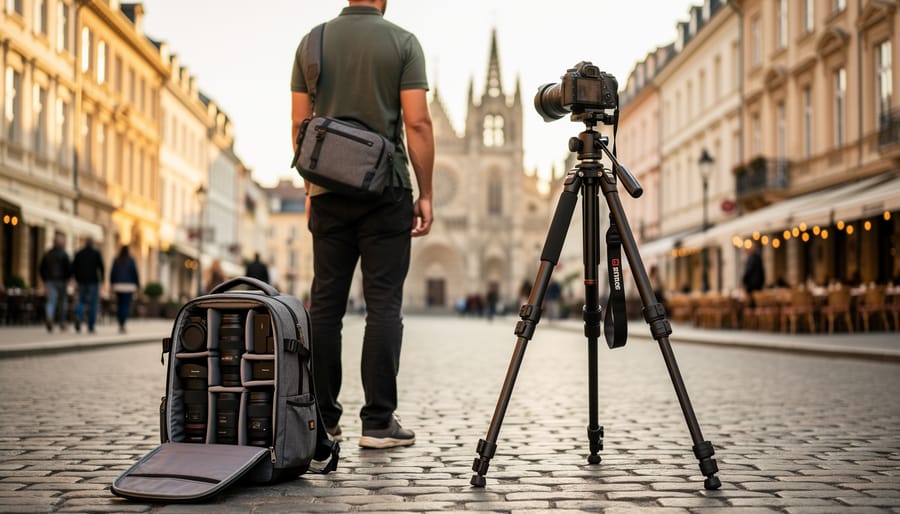 Photographer at sunrise with a compact tripod and crossbody camera sling on a roadside lookout.